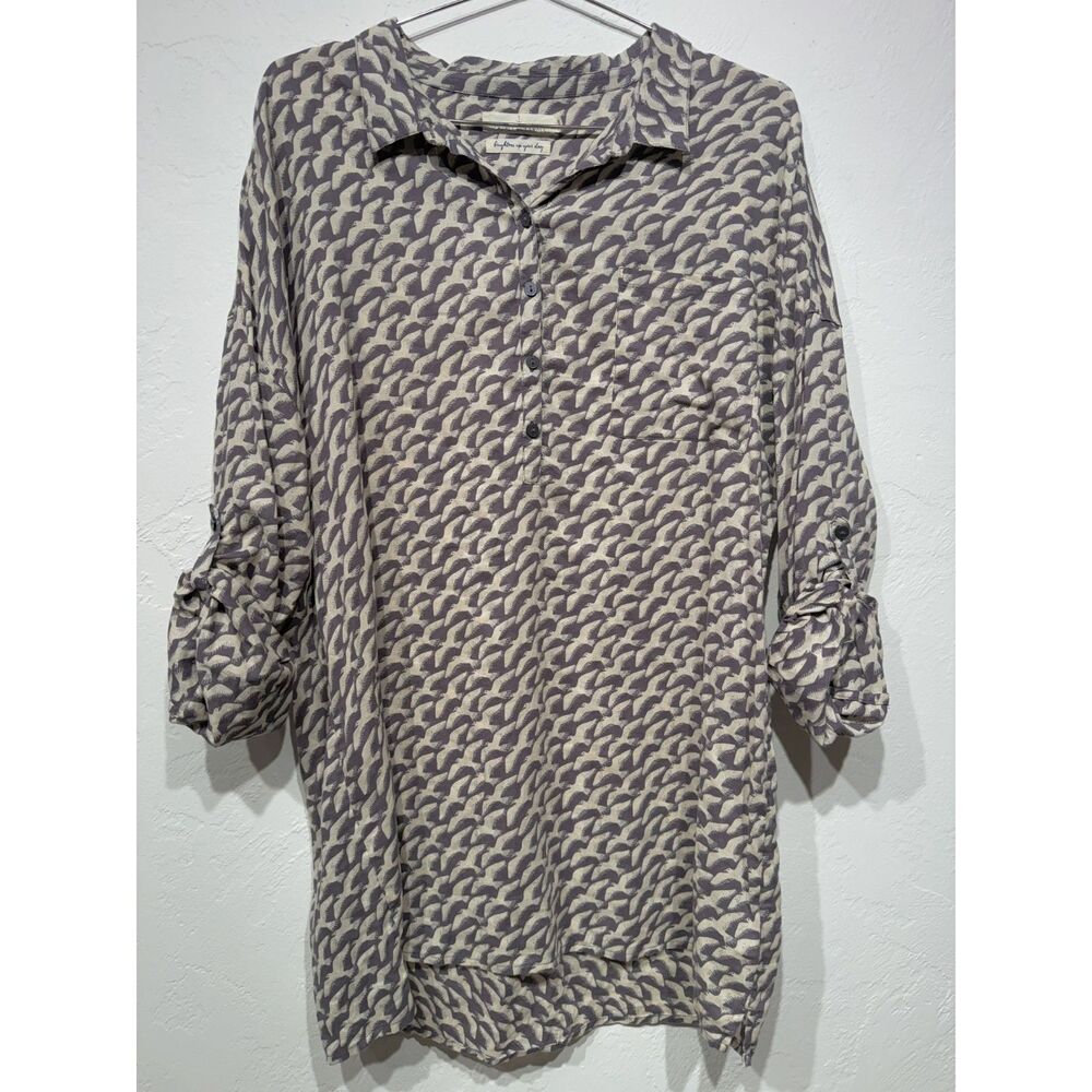 Seasalt Cornwall Bird Print Tunic Shirt UK 14 US 10 Roll Tab Sleeve Purple Gray